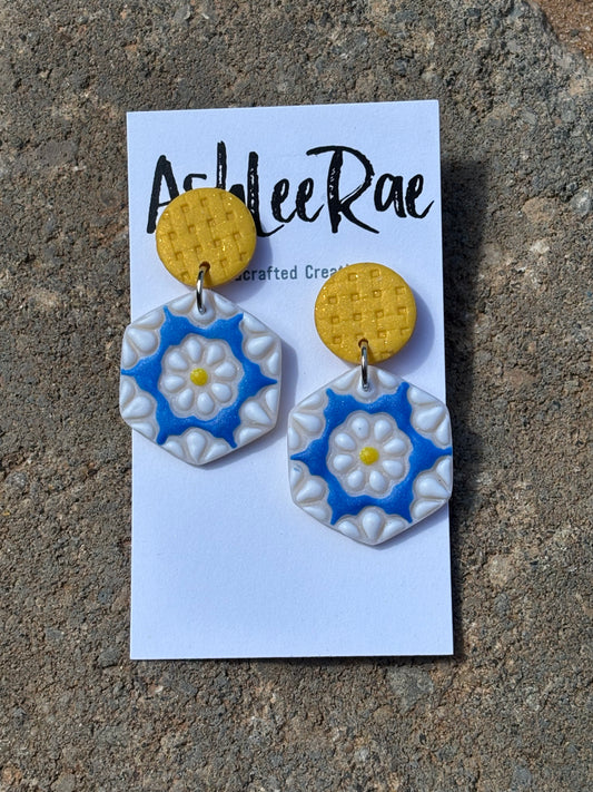 Blue & White Tile Daisy Dangles